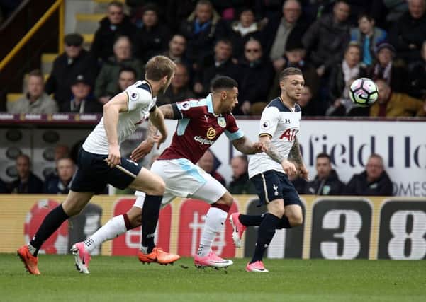 Burnley's Andre Gray chases under pressure from Tottenham Hotspur's Eric Dier and Kieran Trippier

Photographer Rich Linley/CameraSport

The Premier League - Burnley v Tottenham Hotspur - Saturday 1st April 2017 - Turf Moor - Burnley

World Copyright Â© 2017 CameraSport. All rights reserved. 43 Linden Ave. Countesthorpe. Leicester. England. LE8 5PG - Tel: +44 (0) 116 277 4147 - admin@camerasport.com - www.camerasport.com