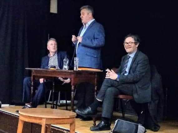 Burnley Express editor Chris Daggett chairs a debate between Burnley Council leader Mark Townsend (left) and property landlord Geoffrey Berg
