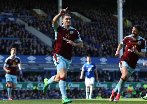 Burnley's Sam Vokes celebrates scoring his sides equalising goal to make the score 1-1 from the penalty spotPhotographer Stephen White/CameraSportThe Premier League - Everton v Burnley  - Saturday 15th April 2017 - Goodison Park - LiverpoolWorld Copyright Â© 2017 CameraSport. All rights reserved. 43 Linden Ave. Countesthorpe. Leicester. England. LE8 5PG - Tel: +44 (0) 116 277 4147 - admin@camerasport.com - www.camerasport.com
