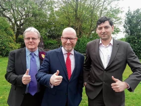 UKIP leader Paul Nuttall with county and borough councillor Alan Hosker and UKIP parliamentary candidate Tom Commis (right)