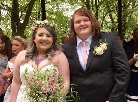Wedded bless for Lizzie Pulleyn and Kim McPhillips who are the first gay couple to be married at Padiham's Nazareth Unitarian Chapel after it was granted a licence to hold same sex weddings.