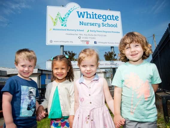 These smiling children who are (from left to right) Logan Pickett, E'Mani Robinson, Lottie Duerden and Harry Lunniss enjoy outdoor fun in the sunshine at Whitegate Nursery in Padiham that is to hold an open day in June.
