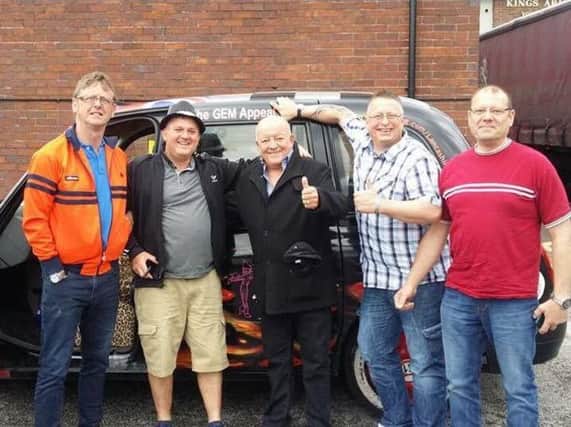 Benidorm star Tim Healy meets with the banger rally drivers who are (left to right) Ian  Fraser, Paul Ashworth, Steve Fagan and Mark Fitzpatrick.