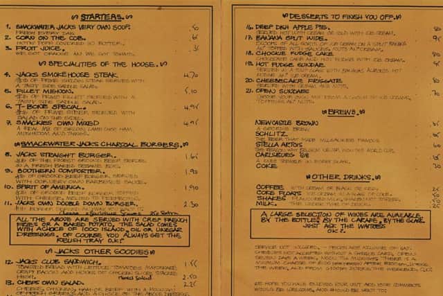 Smackwater Jacks' food and drink menu in 1977