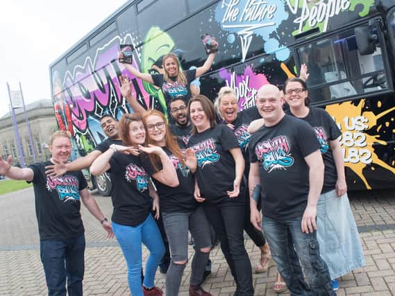 All aboard the Space Youth Bus at its launch this week. Photo: Andy Ford