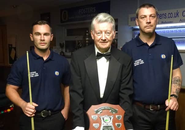 The Fosters Golden Cue small table finalsts Jamie Lingard, left, and Wayne Cotterill, with referee John Timperley