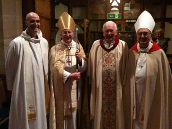 Canon Jim Duxbury celebrating his Golden Jubilee as an ordained priest at Clitheroe Parish Church with Andy Froud and two former Bishops of Blackburn. (s)