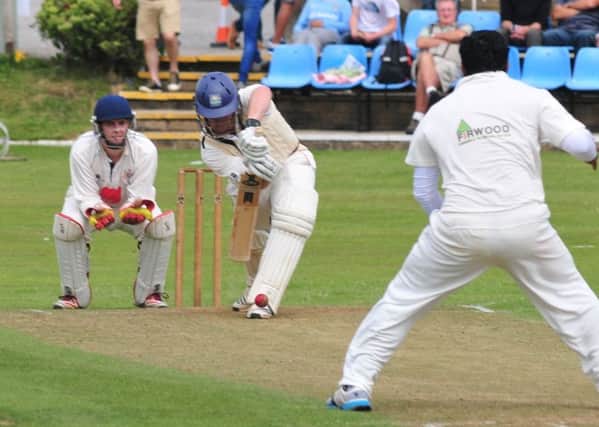 Photo: David Hurst
Worsley Cup Final between Nelson CC V Burnley CC at Nelson Cricket Club.
Nelson don't allow Burnley's David Brown much room