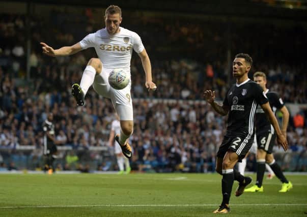 Chris Wood controls a high ball.
Leeds United v Fulham FC.  SkyBet Championship.  Elland Road.  
15 August 2017.  Picture Bruce Rollinson