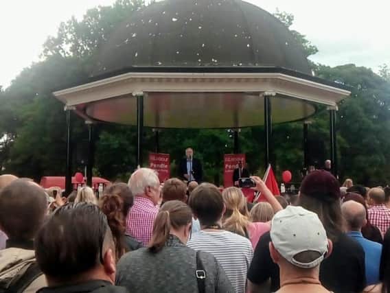 Jeremy Corbyn addresses the crowds in Victoria Park