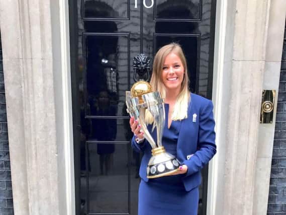 Alex Hartley with the World Cup at Downing Street. (s)