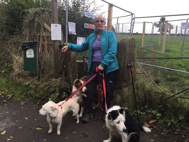 Pam Kent at the footpath she can no longer use after it was closed with her dogs, Bracken and Honey and her son Gary's dog, Pico.