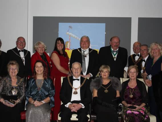 The Mayor and Mayoress of Burnley Coun. Howard Baker and his partner, Tracey Rhodes, (centre) celebrate at their ball with other civic heads from around Lancashire.