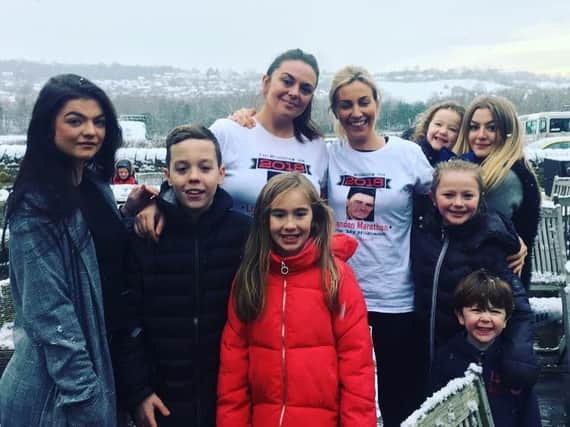 Keira Crossley (wearing a white t-shirt, left) with Lisa Stuttard (wearing a white t-shirt, right) with Damian's children and his nieces and nephews.