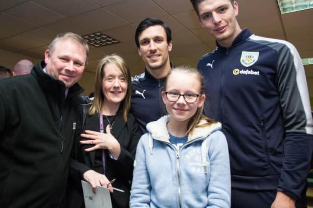 Jon Horsfield, Tracy Horsfield and Niamh Horsefield (13) with Jack Cork and Nick Pope