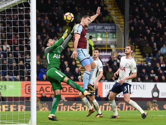Sam Vokes scores but it's ruled out for a foul on Spurs keeper Hugo Lloris