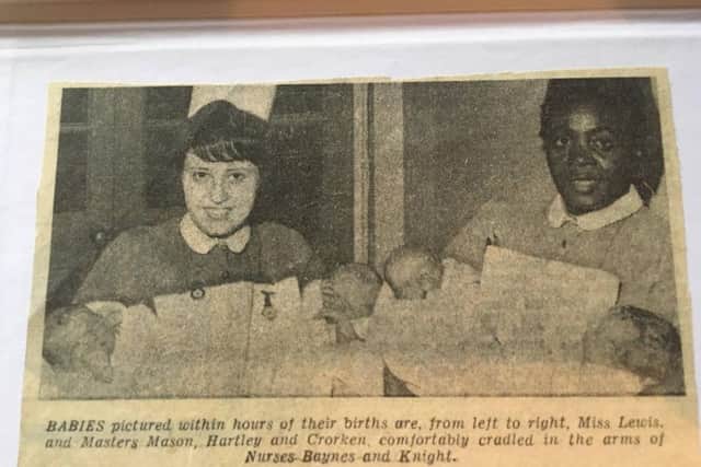 This cutting from the Burnley Express shows the four babies born, including Jackie, on New Year's Day in 1967, at the former Bank Hall Hospital in Burnley.