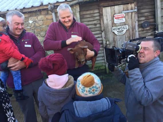 Lee Holmes and Mark Scrimshaw, Country Trust farm coordinators filming for Countryfile at Lower Gazegill Organic Farm at Rimington.