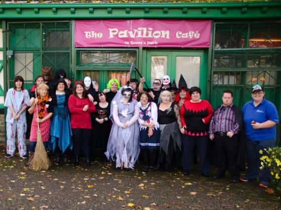 TEAM RISE members, who are appealing for volunteers to take part in a sponsored sky dive, at one of their social gatherings to celebrate Hallowe'en.