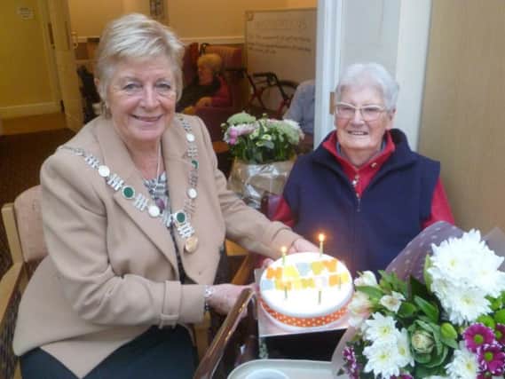 Birthday lady Marjorie Talbot with RV Mayoress Marilyn Davies.
