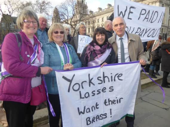 Sally (far left) with other WASPI members  Christine Holland and Kay Lloyd with MP Chris Williamson, a loyal supporter of the campaign.