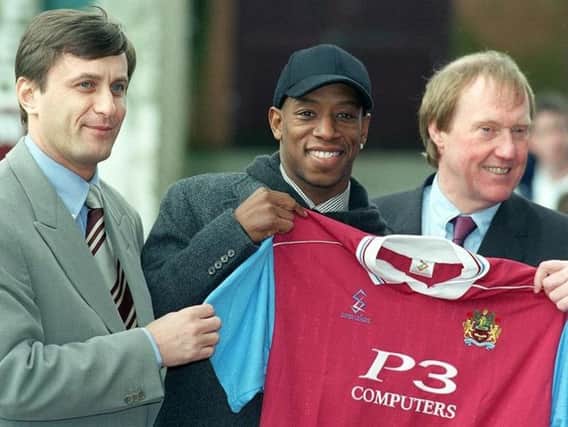Ian Wright is unveiled at Turf Moor in February 2000 by Ray Ingleby and Barry Kilby