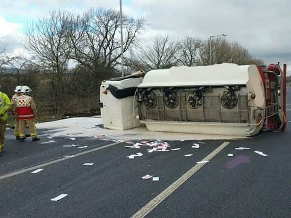 The overturned oil tanker on the A59 which is set to remain closed for a couple of days.