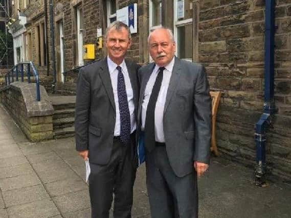 Ribble Valley MP Nigel Evans with Coun. Ken Hind outside Clitheroe Police Station.
