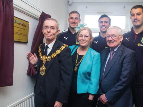 The Mayor of Pendle, Cllr David Whalley (far left), with Burnley players (back row, from left) Chris Wood, Jack Cork, and Adam Legzdins.