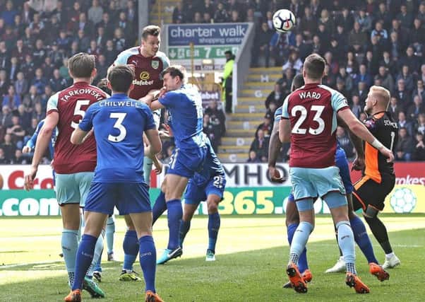 Burnley's Kevin Long scores his side's second goal against Leicester City at Turf Moor