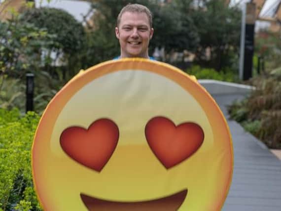 Simon  Haworth is all set to create a world record dressed as a heart/eyes emoji in the London Marathon.