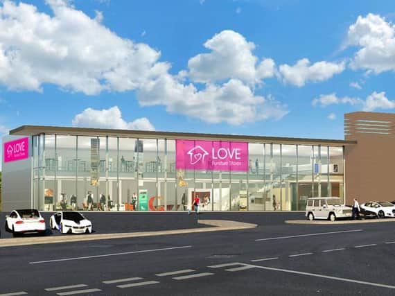 An artist's impression of the proposed new development - Love Furniture Stores.