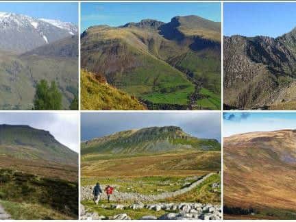 The six mountains: (top row) Ben Nevis, Scafell Pike, and Snowdon, with (bottom row) Ingleborough, Pen-y-Ghent, and Whernside.