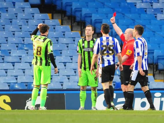 Ashley Barnes, then with Brighton, is sent off at Sheffield Wednesday in 2013
