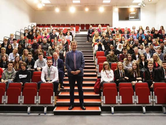 Alastair Campbell during his visit to Burnley's Thomas Whitham sixth form centre.