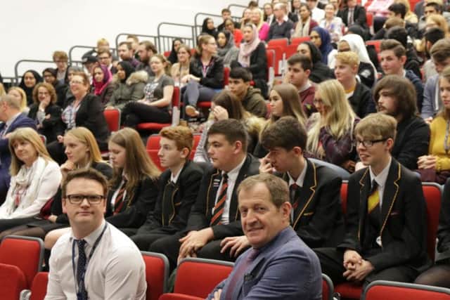 Alastair Campbell prepares to take questions from the floor at Thomas Whitham sixth form centre.