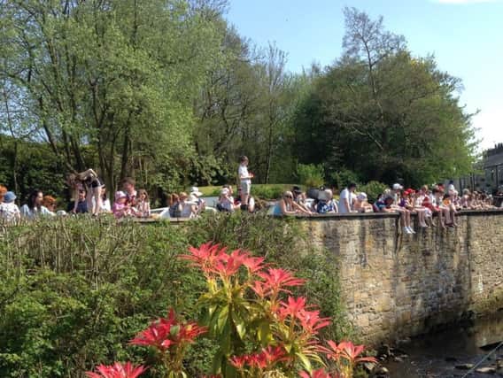 Spectators prepare for the launch of the Cliviger Duck Race