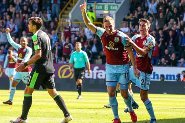 Chris Wood celebrates the goal which confirmed his position as the leading Clarets goalscorer this season