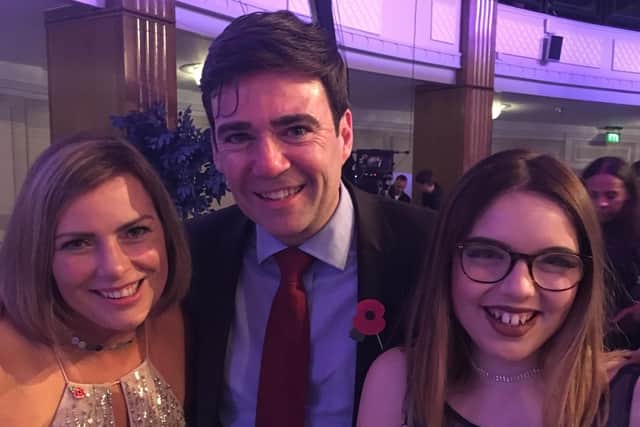 Ruth and Emily with the Mayor of Manchester Andy Burnham at the Pride of Britain Awards.