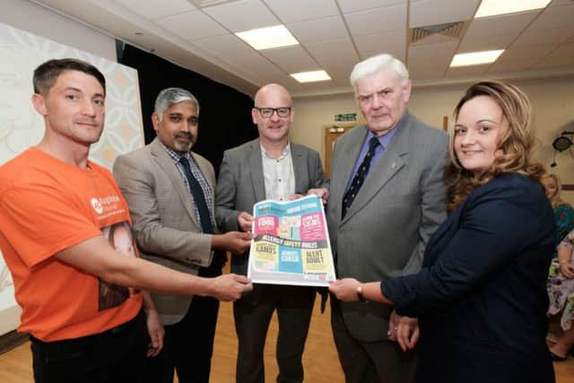 Pictured at the launch are (from left to right) Adam Lee, Sakthi Karunanithi, LCC director of public health and wellbeing, County Coun. Shaun Turner, Deputy leader of LCC County Coun. Albert Atkinson and Gemma Lee.